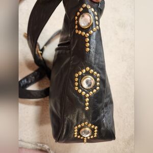 Dawli Large Black Soft Leather Shoulder Bag Jeweled Sides Long Strap Old Money